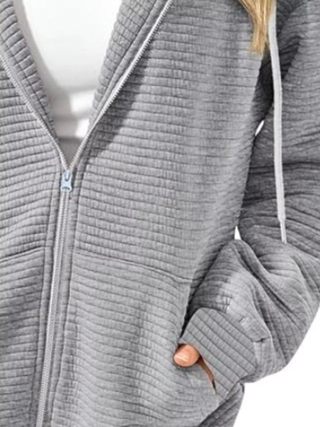 Drawstring Zip Up Dropped Shoulder Hoodie - Lilixa.store