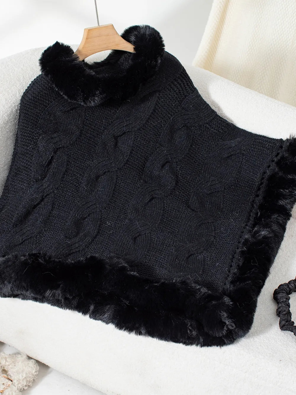 Fuzzy Hem Cable-Knit Poncho - Lilixa.store