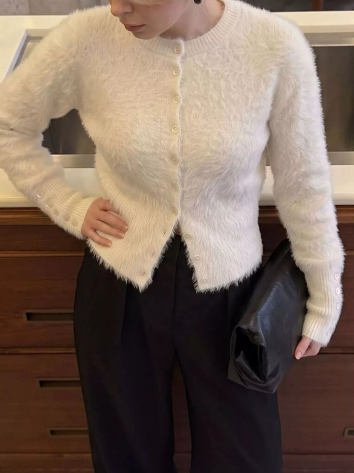Soft Fuzzy Button-Down Cropped Cardigan, view 2