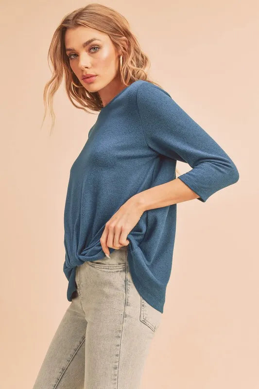 Aemi + Co Twist Front Round Neck 3/4 Sleeve T-Shirt in Teal, view 4