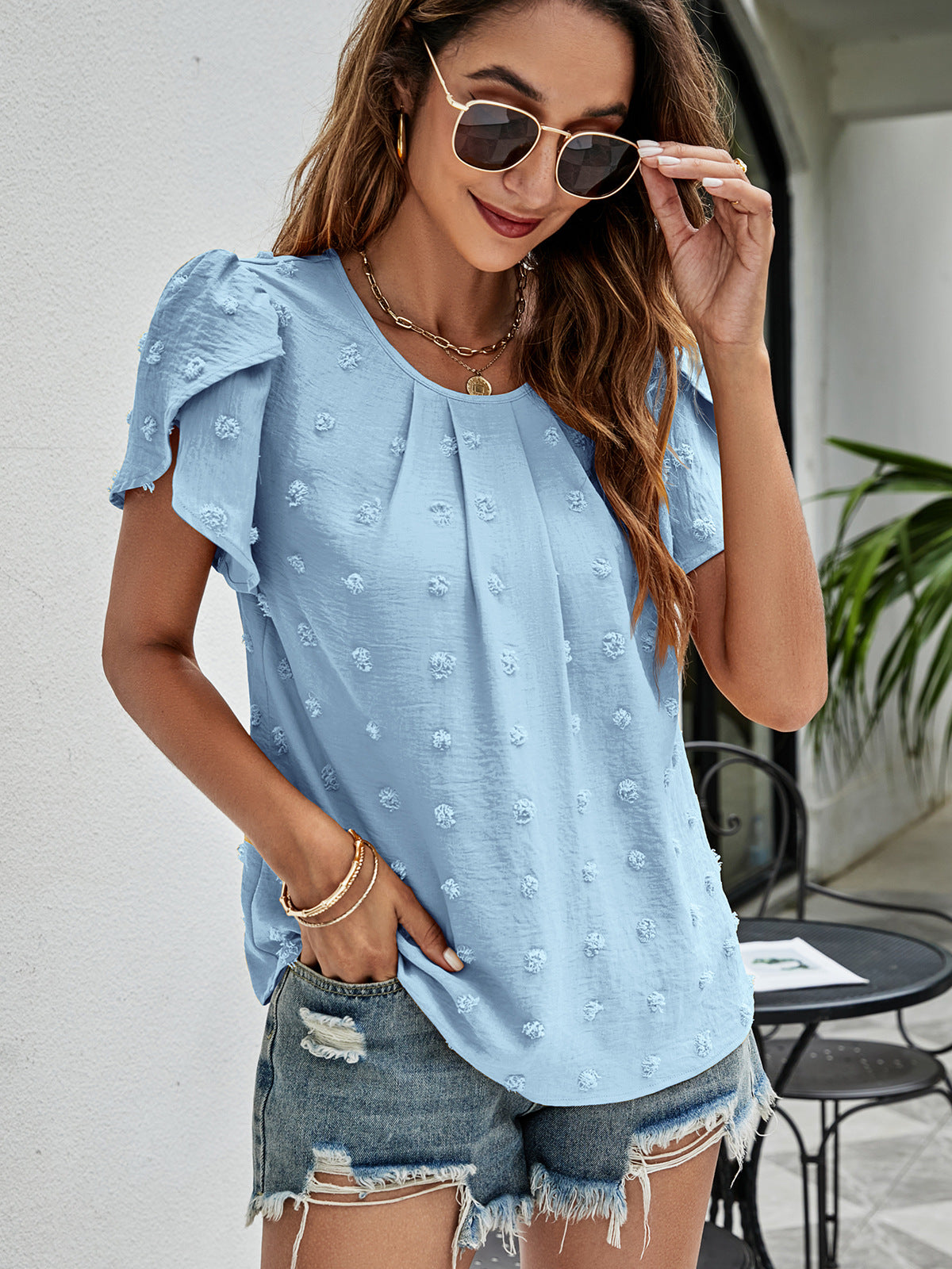 Swiss Dot Round Neck Petal Sleeve Top, view 5