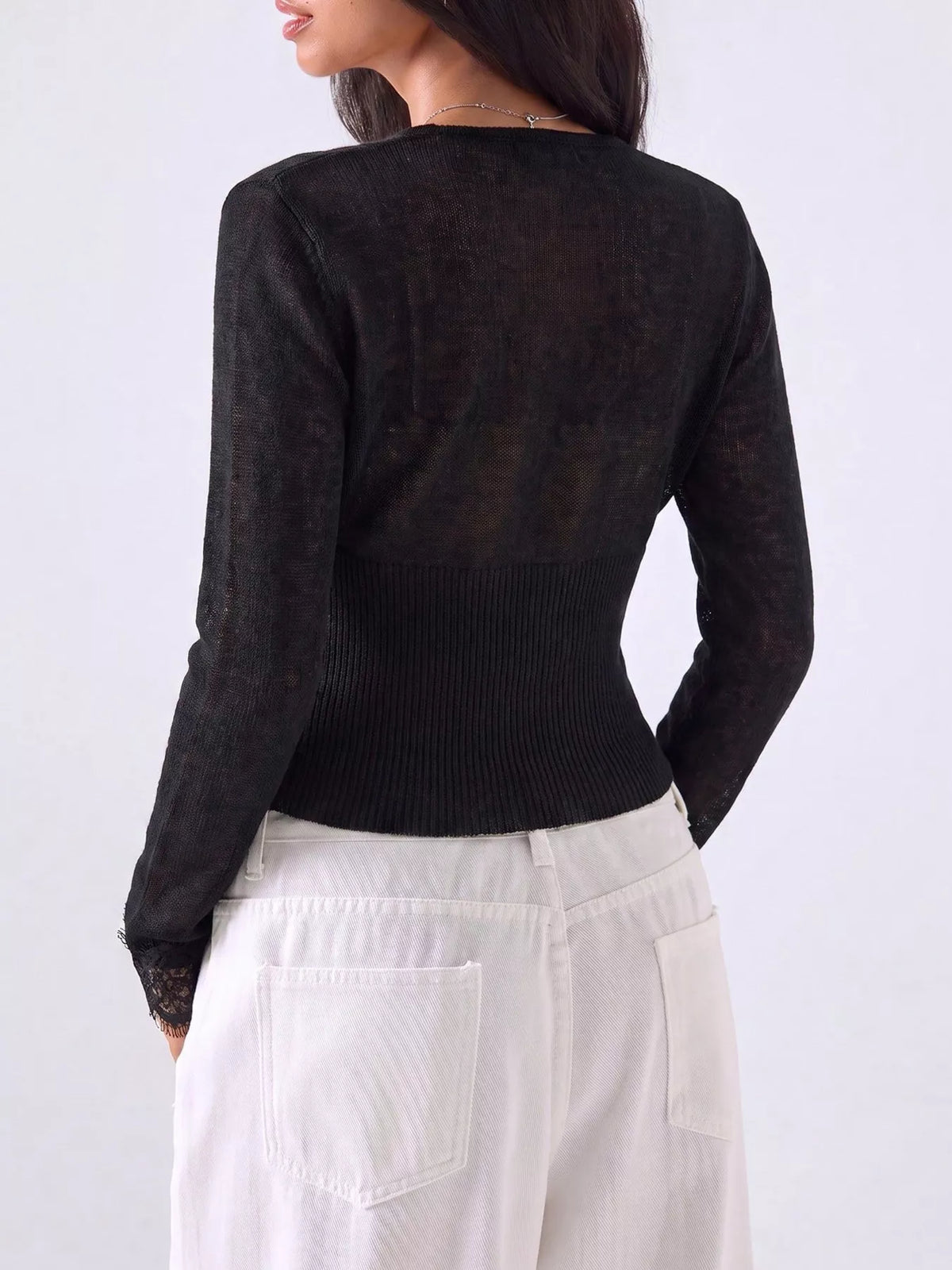 Lace-Trimmed V-Neck Button-Down Cardigan - Lilixa.store