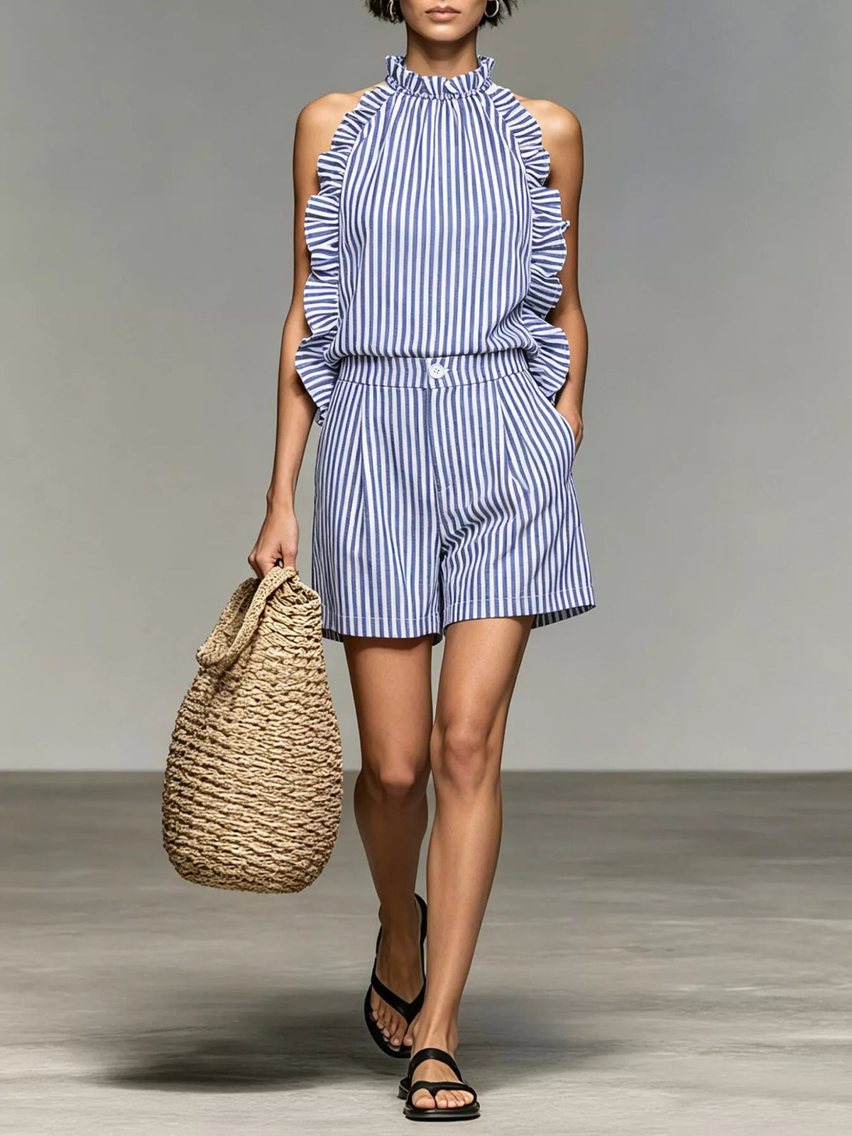 Ruffled Striped Sleeveless Top and Shorts Set