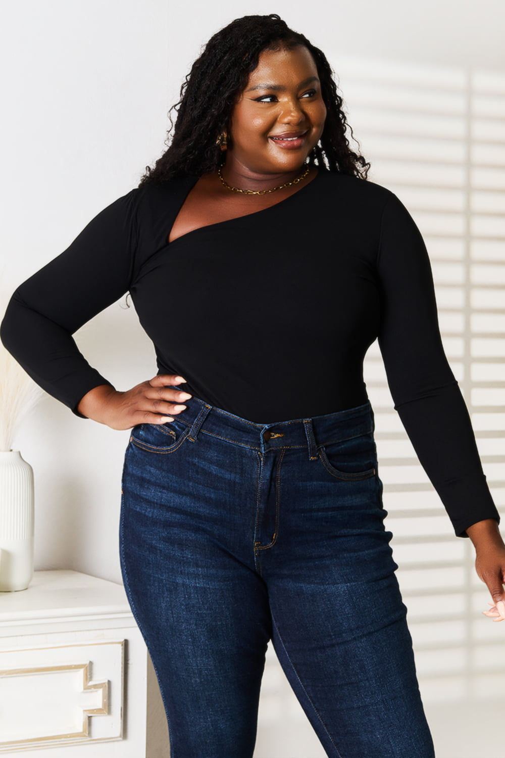 Basic Bae Asymmetrical Neck Long Sleeve Top in Black, view 4