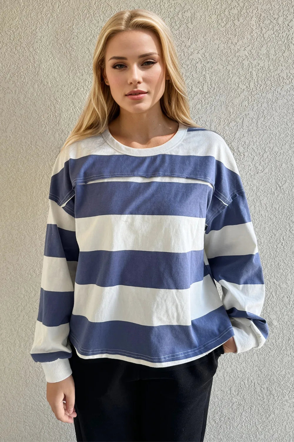 Oh Pima Cotton Wash Exposed Seam Contrast Striped Round Neck Long Sleeve T-Shirt - Lilixa.store