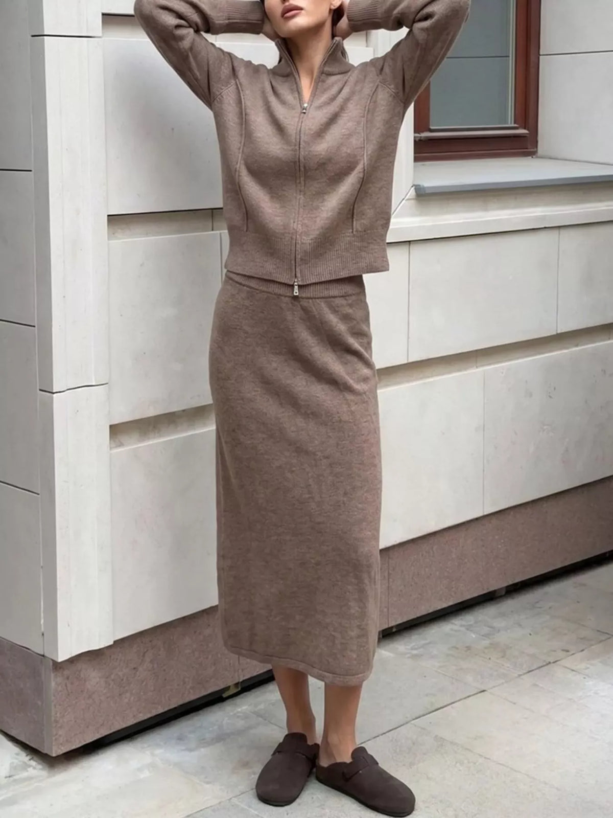 Zip-Up Mock Neck Cardigan and Matching Midi Skirt Sweater Set in Taupe