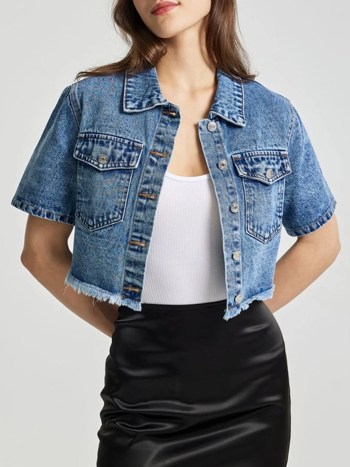 Cropped Short Sleeve Denim Jacket with Frayed Hem in Blue, view 8