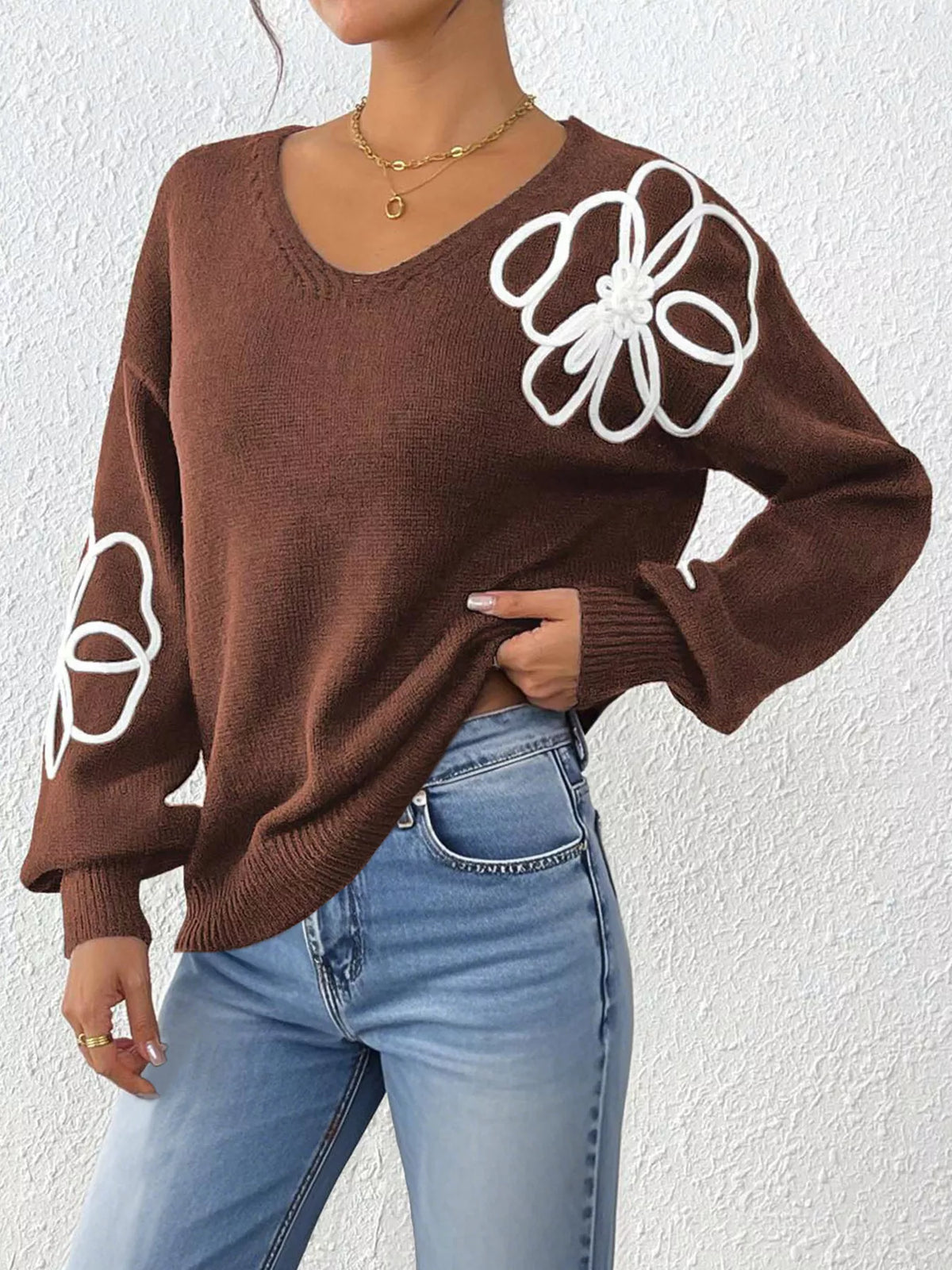 Flower V-Neck Dropped Shoulder Sweater
