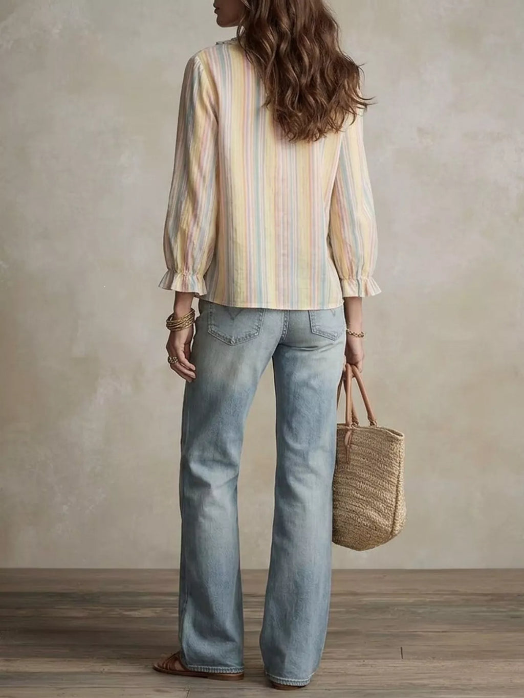 Striped Ruffle-Trim V-Neck Blouse - Lilixa.store
