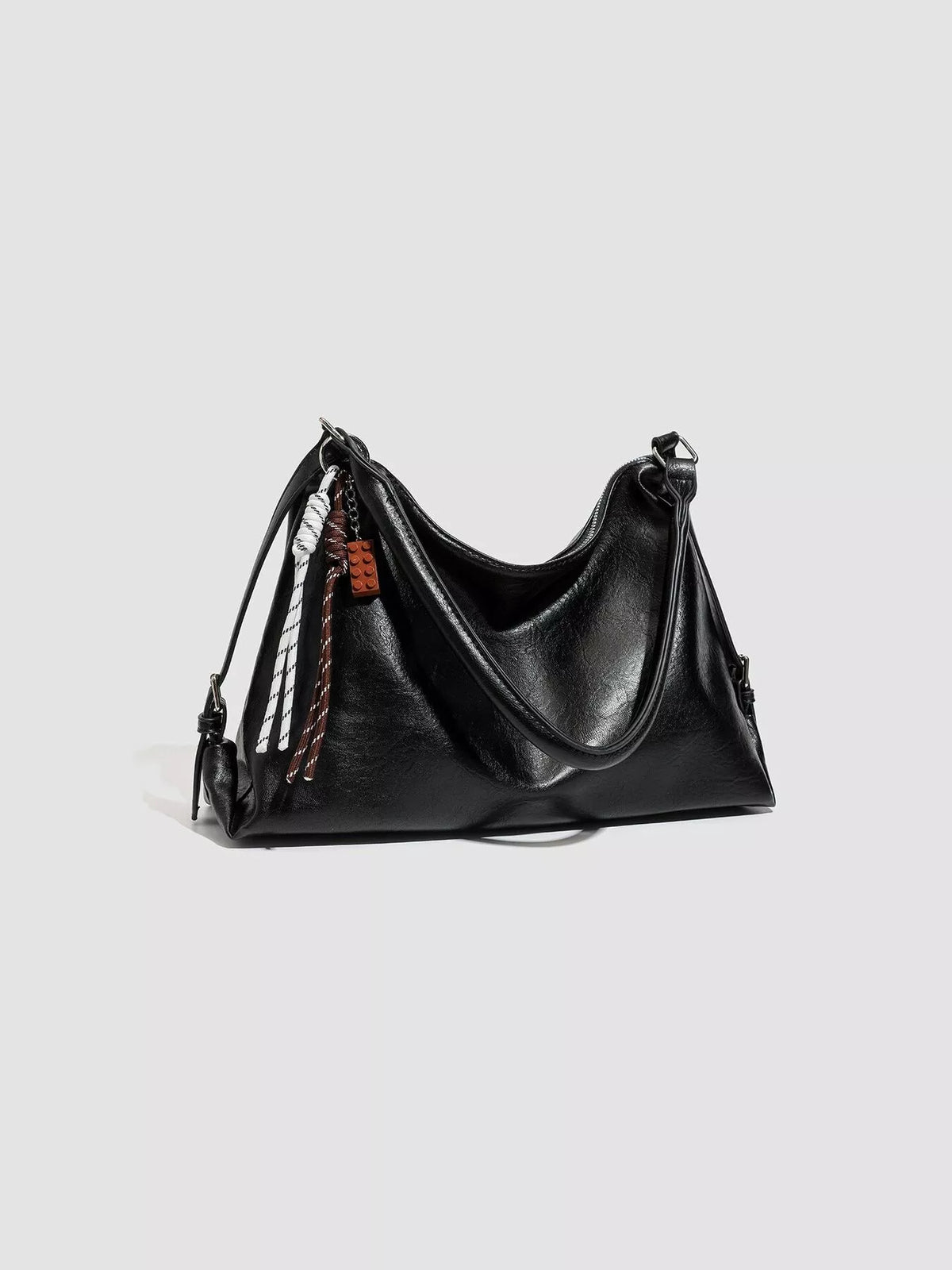 PU Leather Shoulder Bag with Decorative Charm in Black, view 5