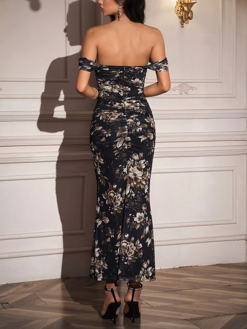 Off-Shoulder Ruched Floral Mermaid Dress - Lilixa.store