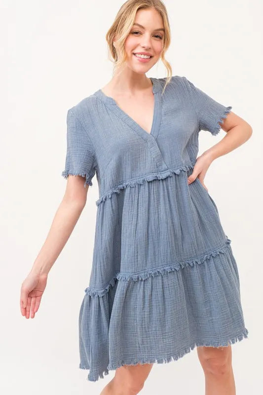 And The Why Washed Frayed Detail Tiered Dress - Lilixa.store