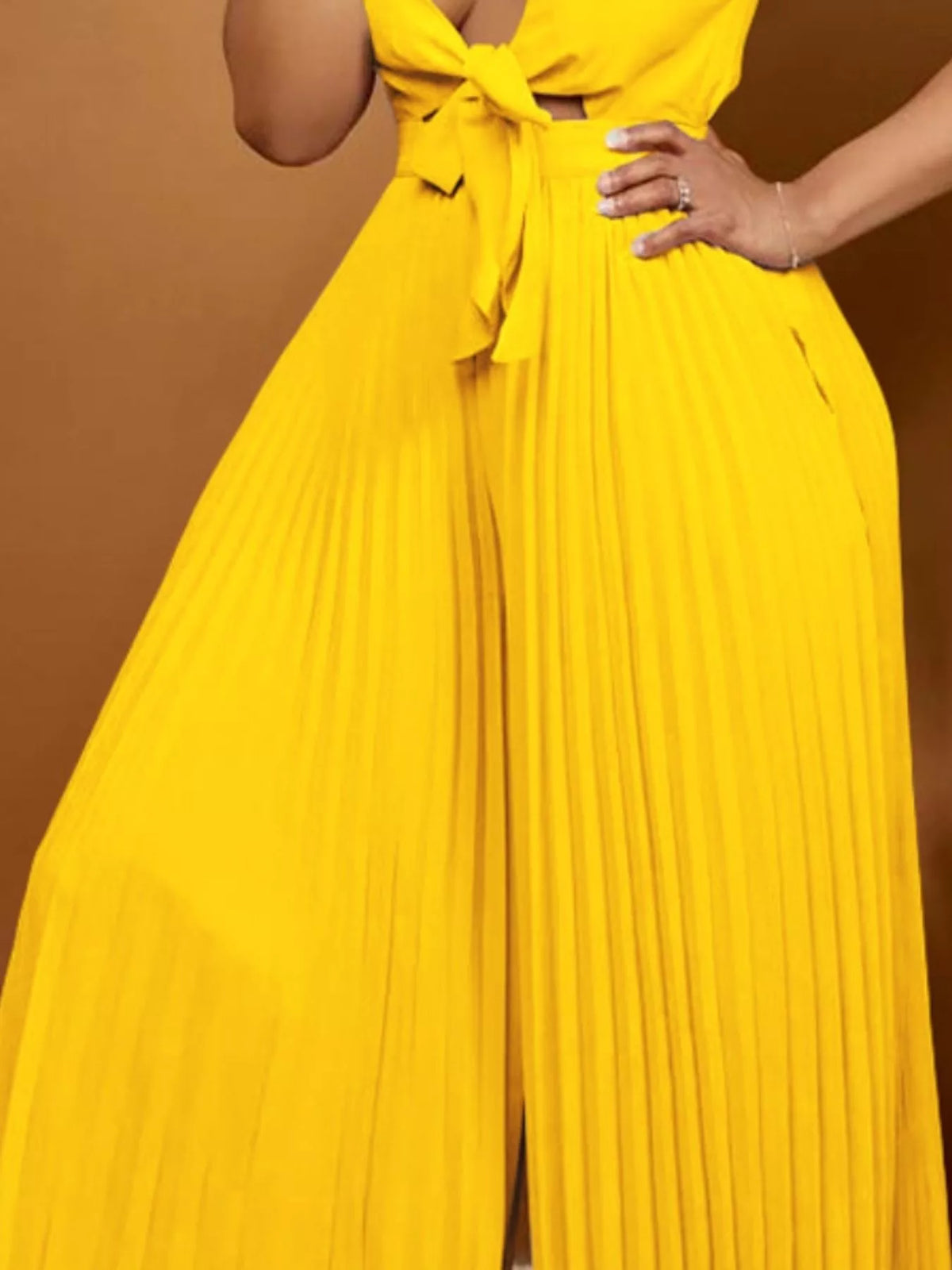Full Size Tie Front Pleated Wide Leg Jumpsuit Plus Size - Lilixa.store
