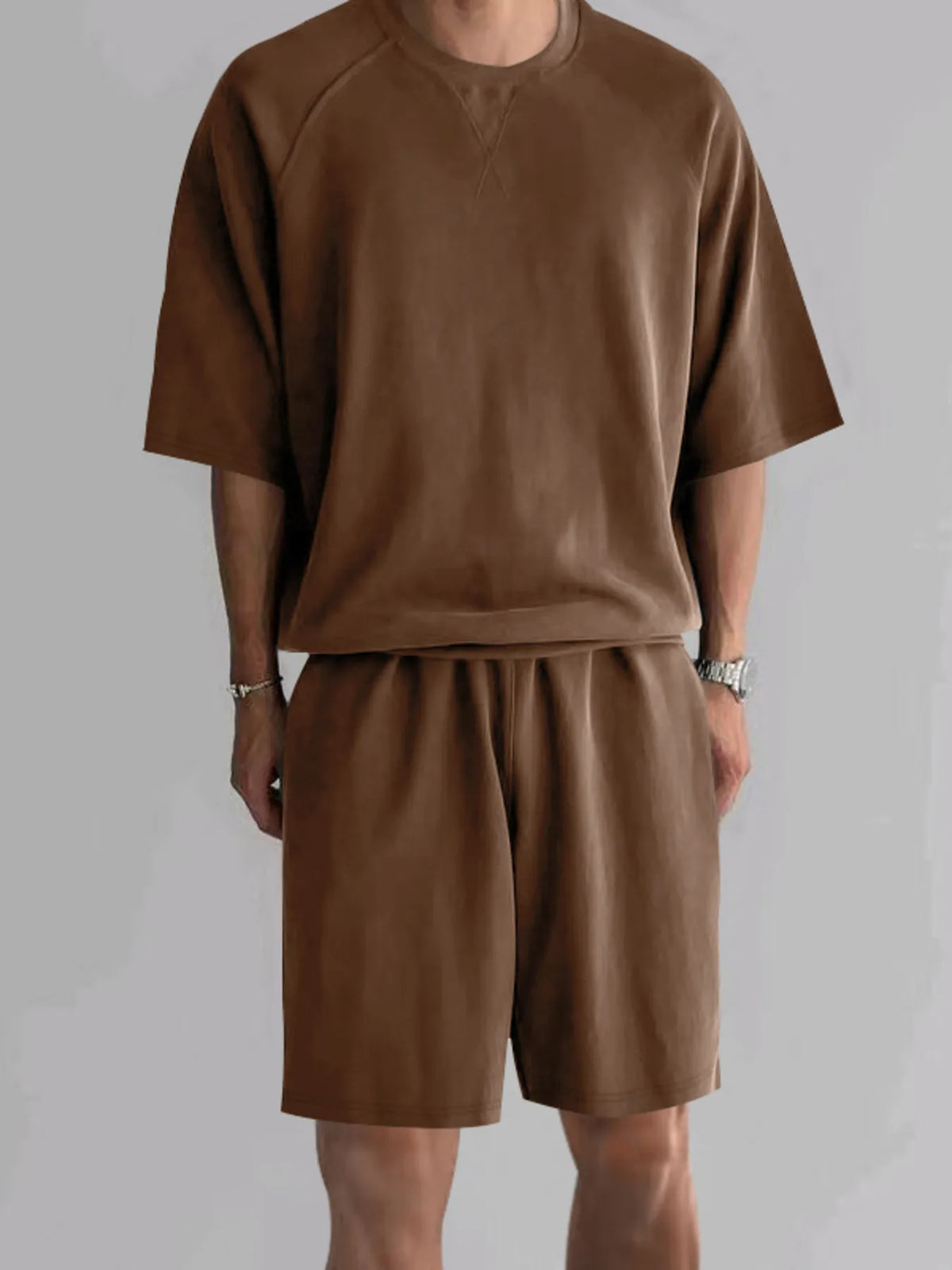 Men's Full Size Round Neck Top and Shorts Set Plus Size in Brown