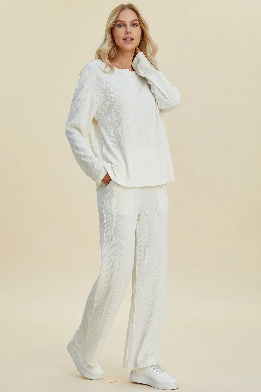 Double Take Full Size Cable-Knit Long Sleeve Top and Pants Set, view 5