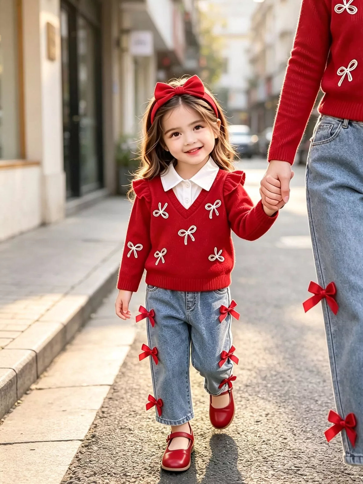 Children's Festive Bow-Embellished Knit Sweater and Jeans Set in Red