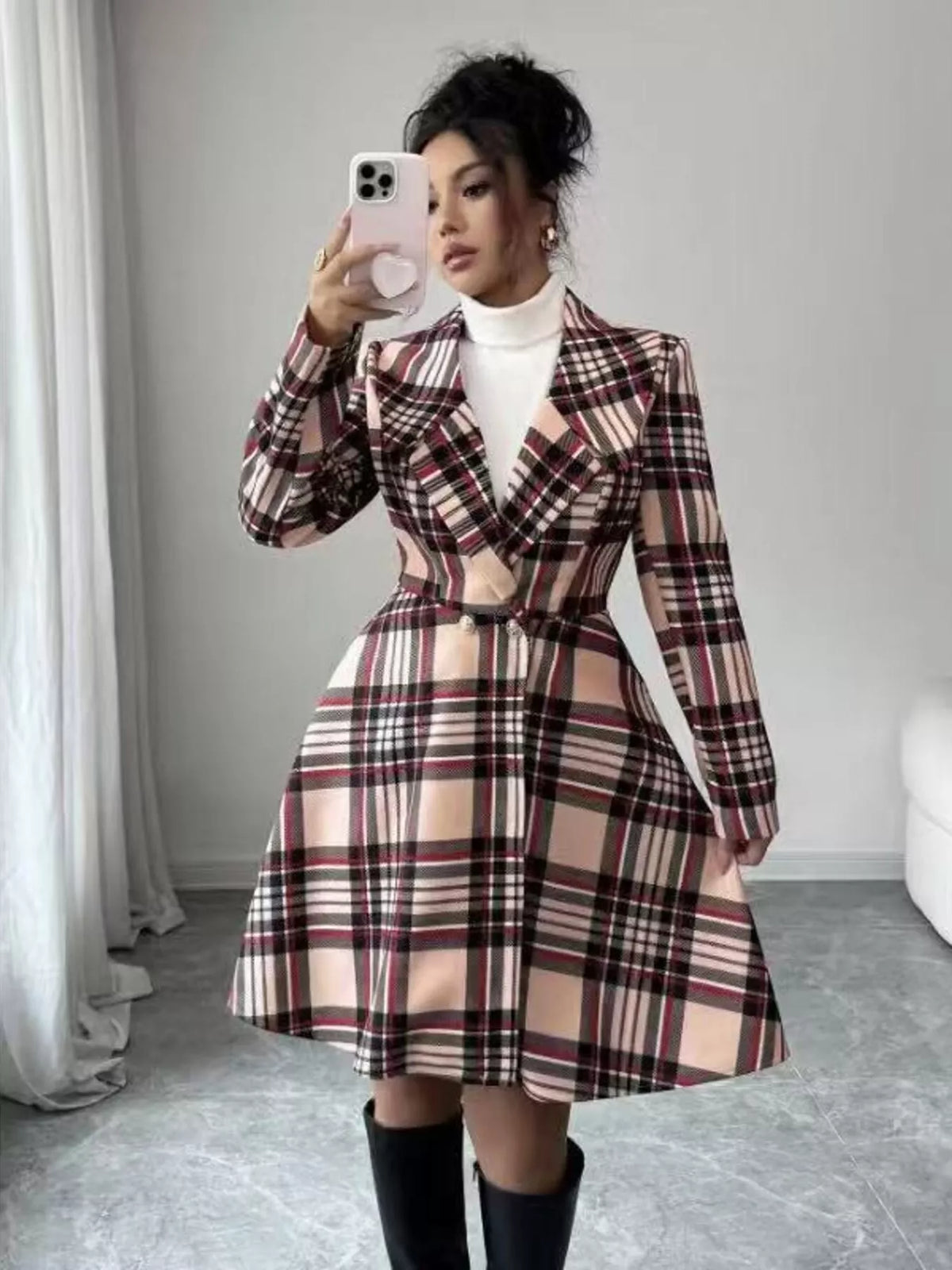 Plaid Button Up Long Sleeve Coat, view 3