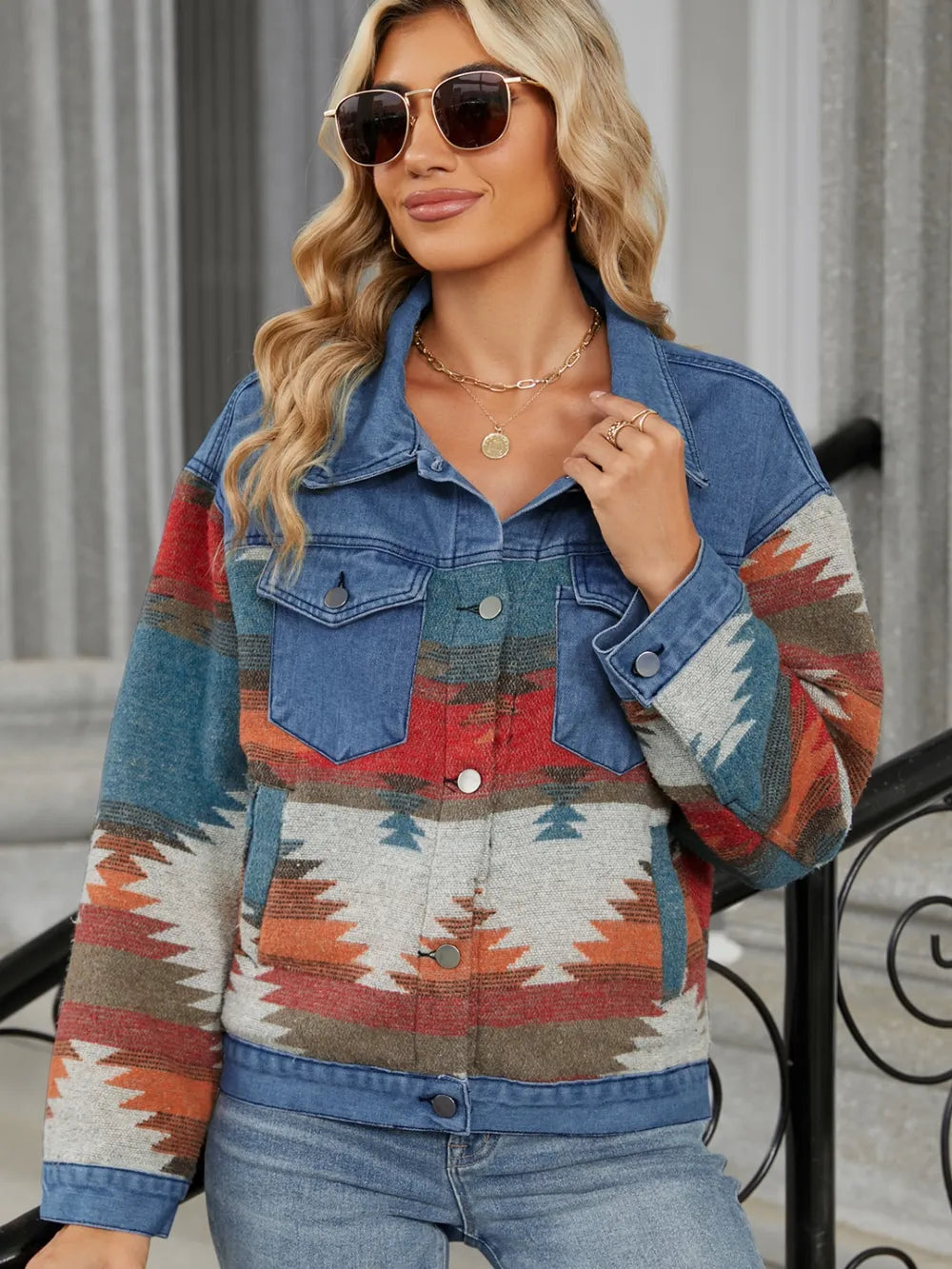 Geometric Button Up Long Sleeve Denim Jacket - Lilixa.store