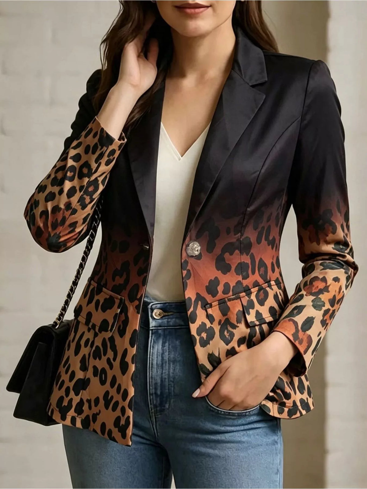 Leopard Print Contrast Long Sleeve Blazer - Lilixa.store