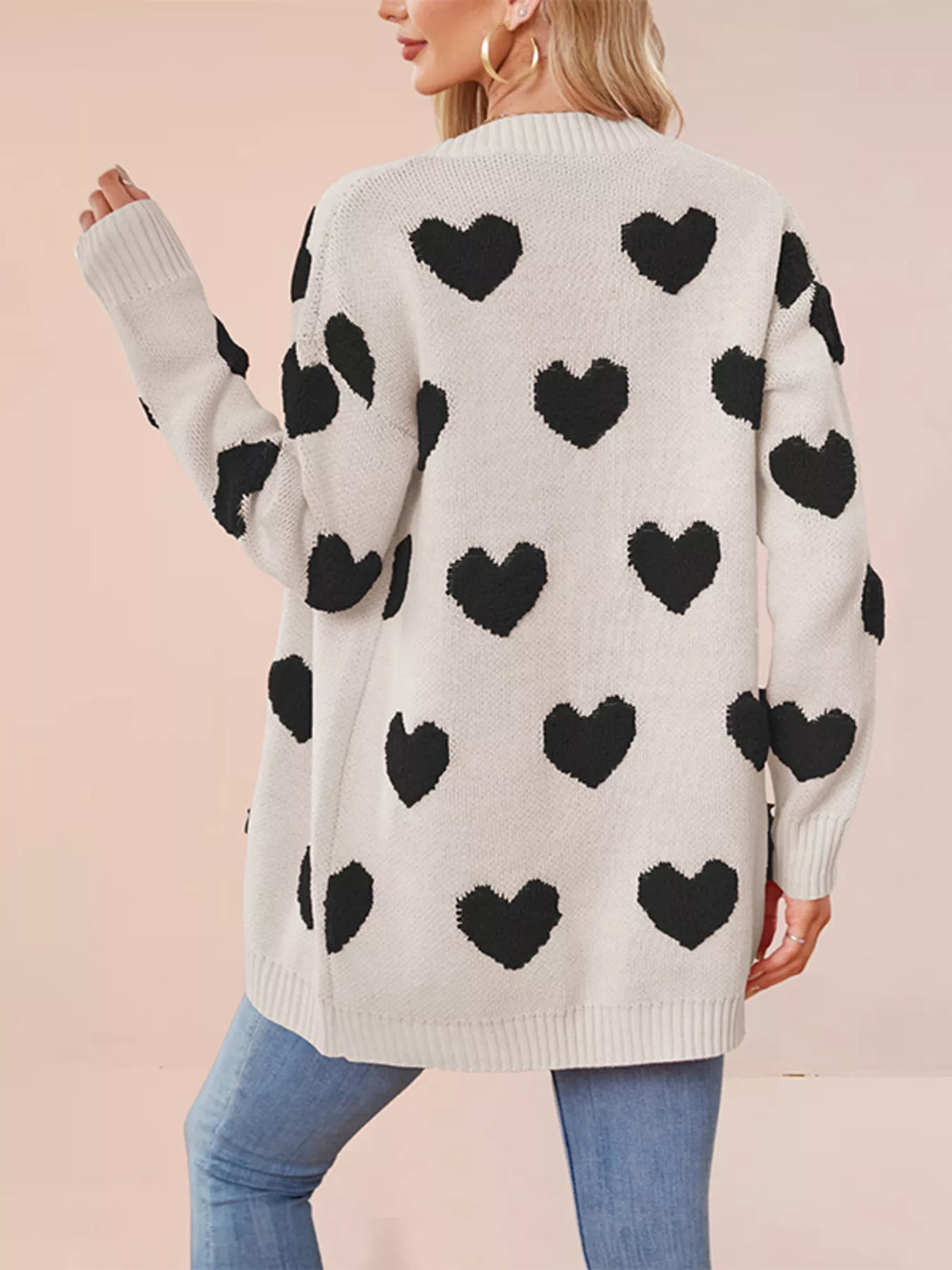 Heart Pattern V-Neck Button-Down Knit Cardigan - Lilixa.store