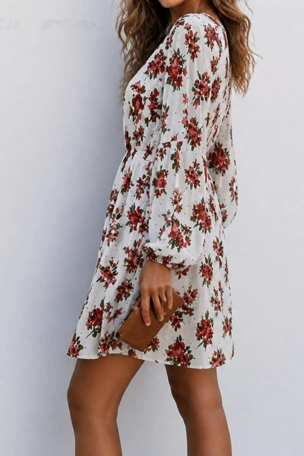 Floral Print Balloon Sleeve Mini Dress in White, view 4
