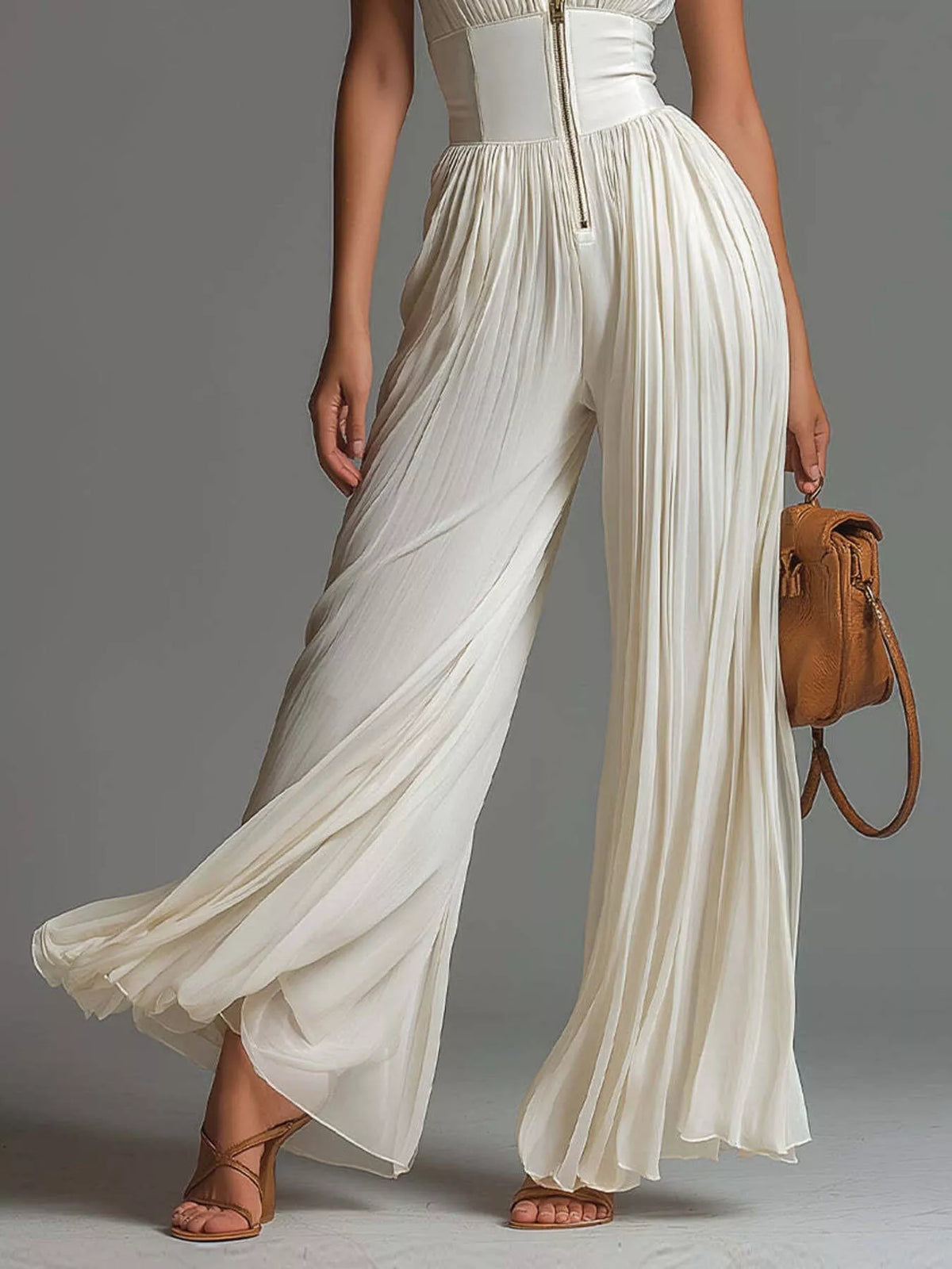 Sleeveless Pleated Jumpsuit with Front Zipper in Cream, view 5