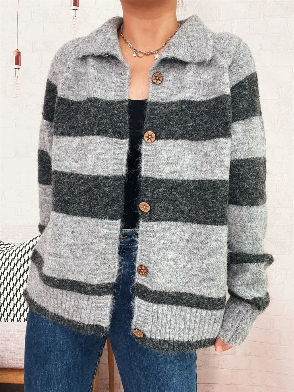 Striped Button-Up Cozy Cardigan - Lilixa.store