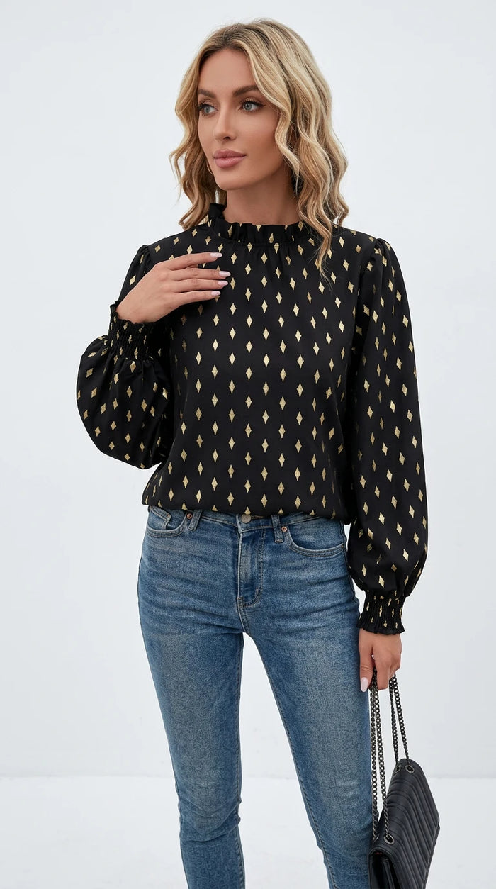 Perfee Geometric Print Frill Neck Lantern Sleeve Blouse in Black