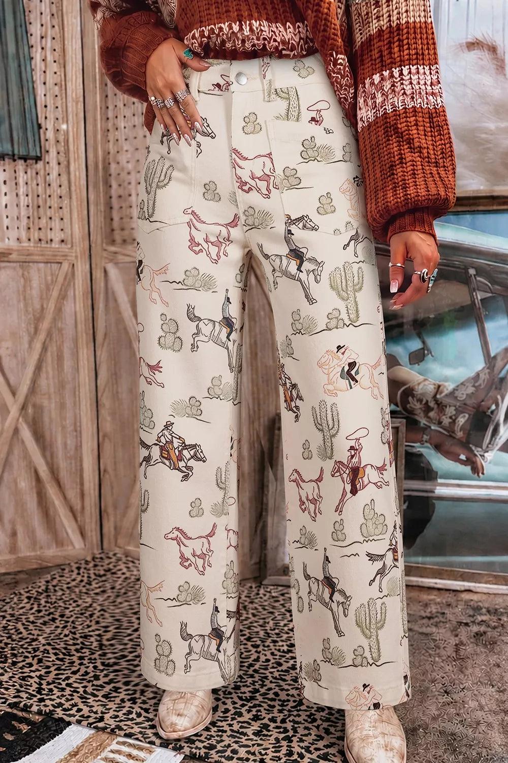 Western Print Straight Leg Ankle-Length Pocket Jeans
