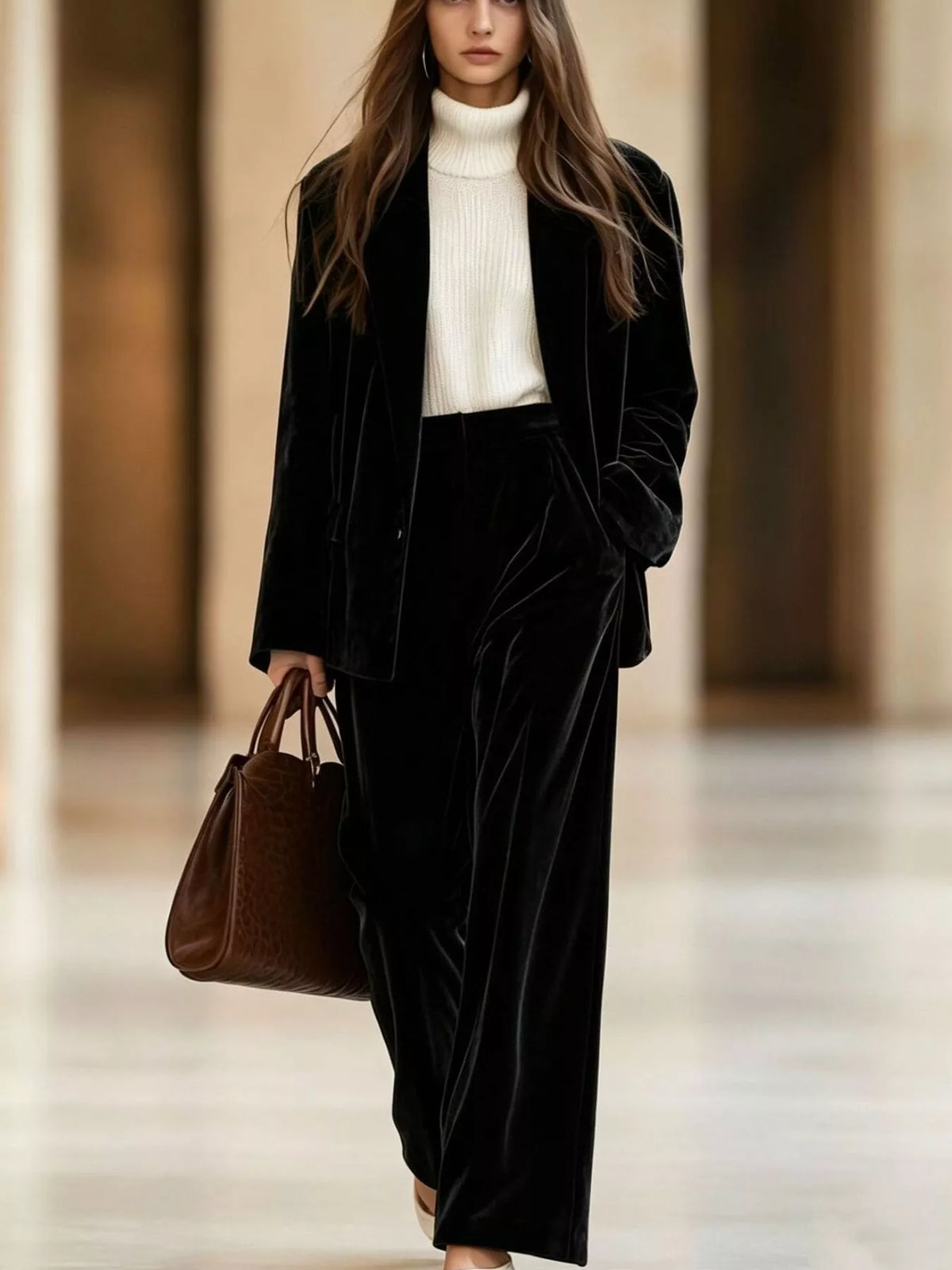 Velvet Blazer and Wide-Leg Pants Two-Piece Set - Lilixa.store