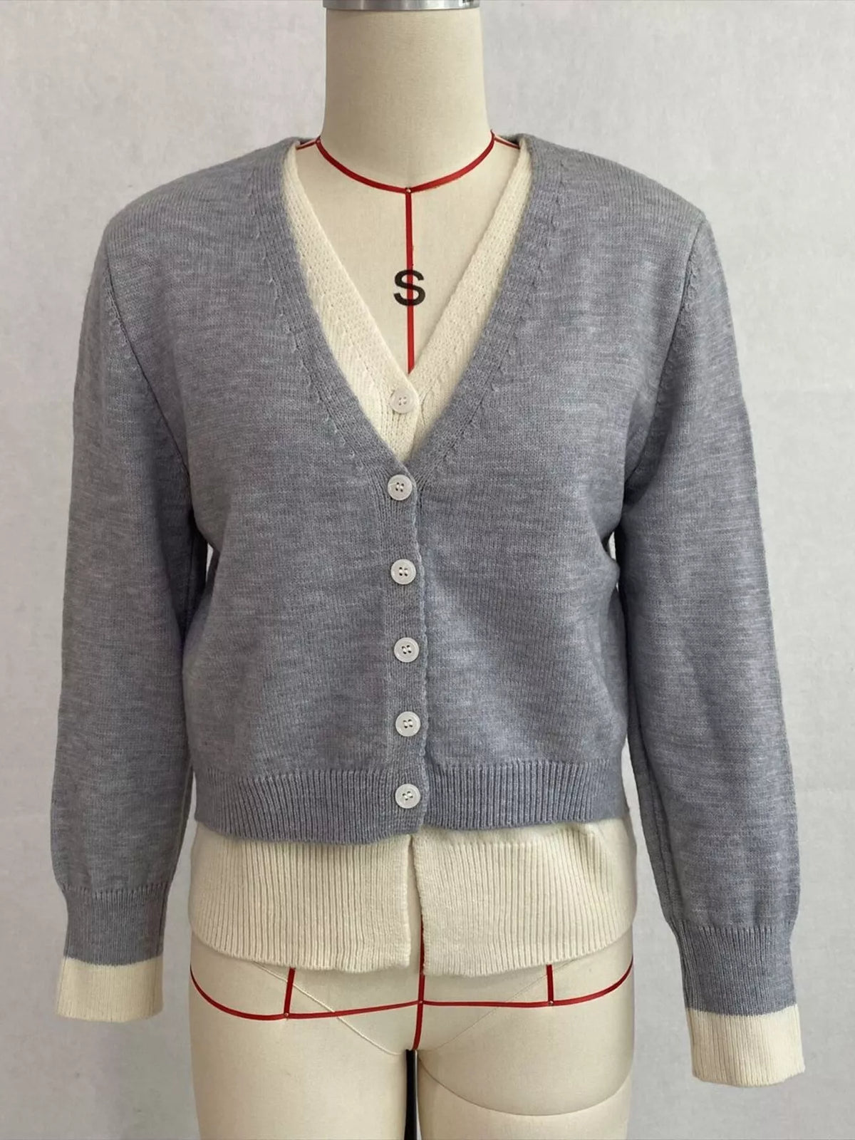 V-Neck Button-Down Contrast Layered Cardigan, view 6