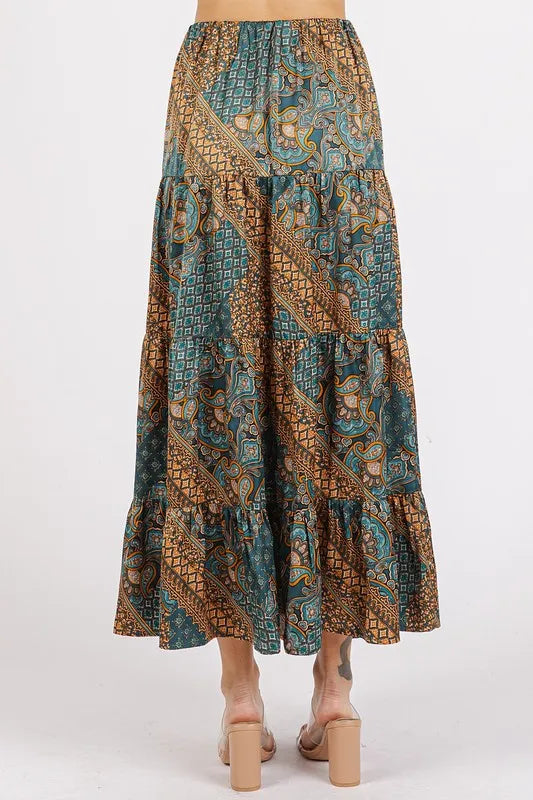Mittoshop Paisley Patchwork Print Satin Maxi Skirt in Teal Green, view 3