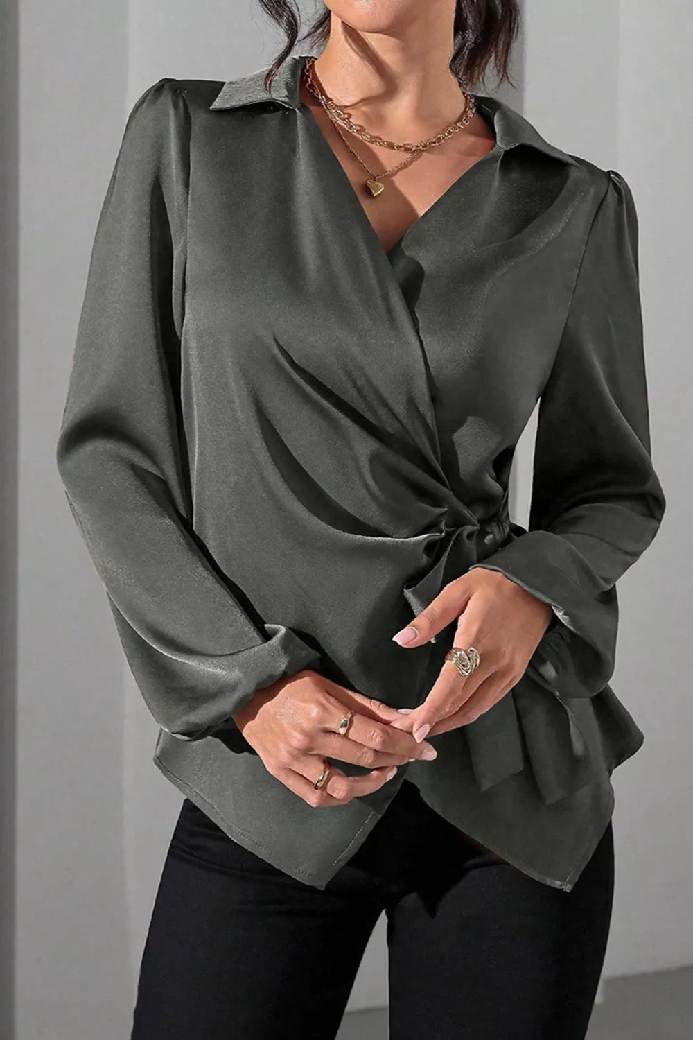 Satin Tied Detail Long Sleeve Blouse, view 6