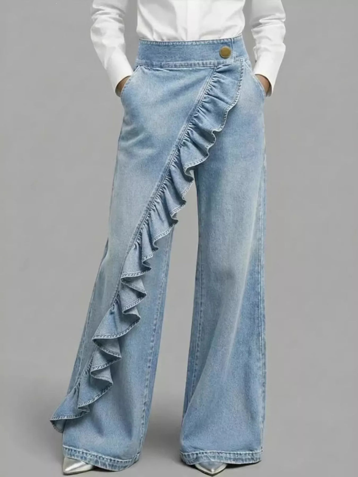 Full Size Ruffled Wide-Leg Jeans Plus Size - Lilixa.store