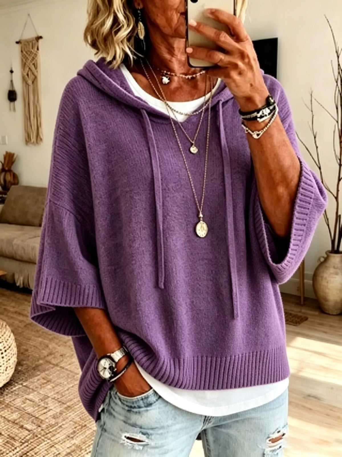 Full Size Casual Hooded Batwing Sleeve Knit Sweater Plus Size - Lilixa.store