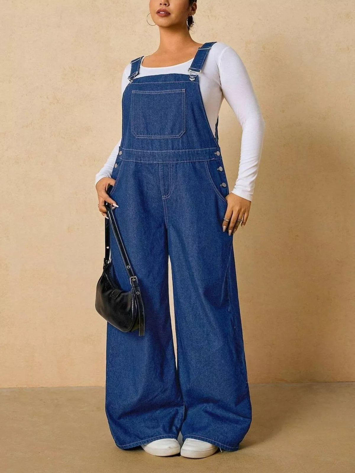 Plus Size Adjustable Strap Wide-Leg Denim Overalls