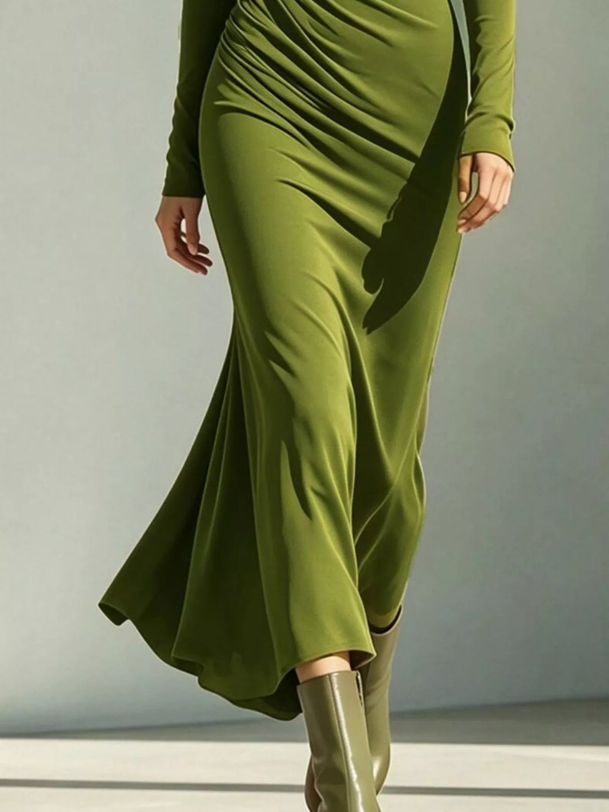 Asymmetrical Neck Ruched Long-Sleeve Dress