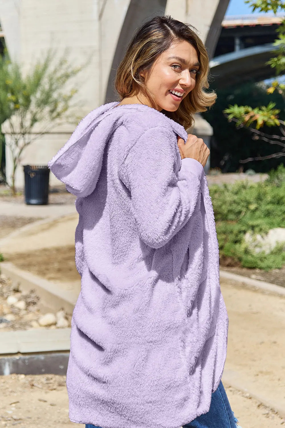 Double Take Full Size Hooded Teddy Bear Jacket with Thumbholes - Lilixa.store