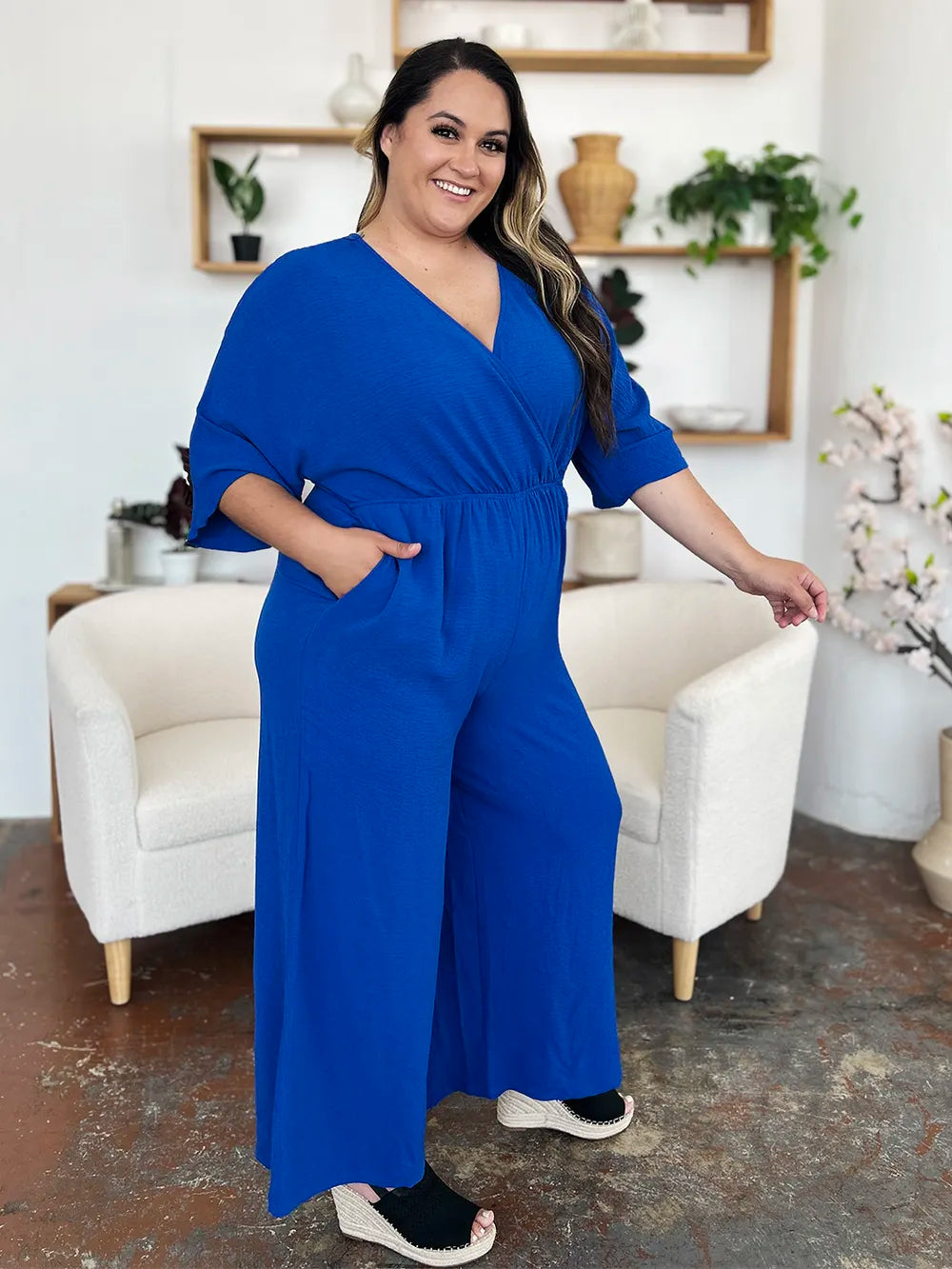 Double Take Full Size Surplice Wide Leg Jumpsuit with Pockets - Lilixa.store