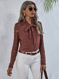 Tie Neck Spliced Lace Long Sleeve Top - Lilixa.store