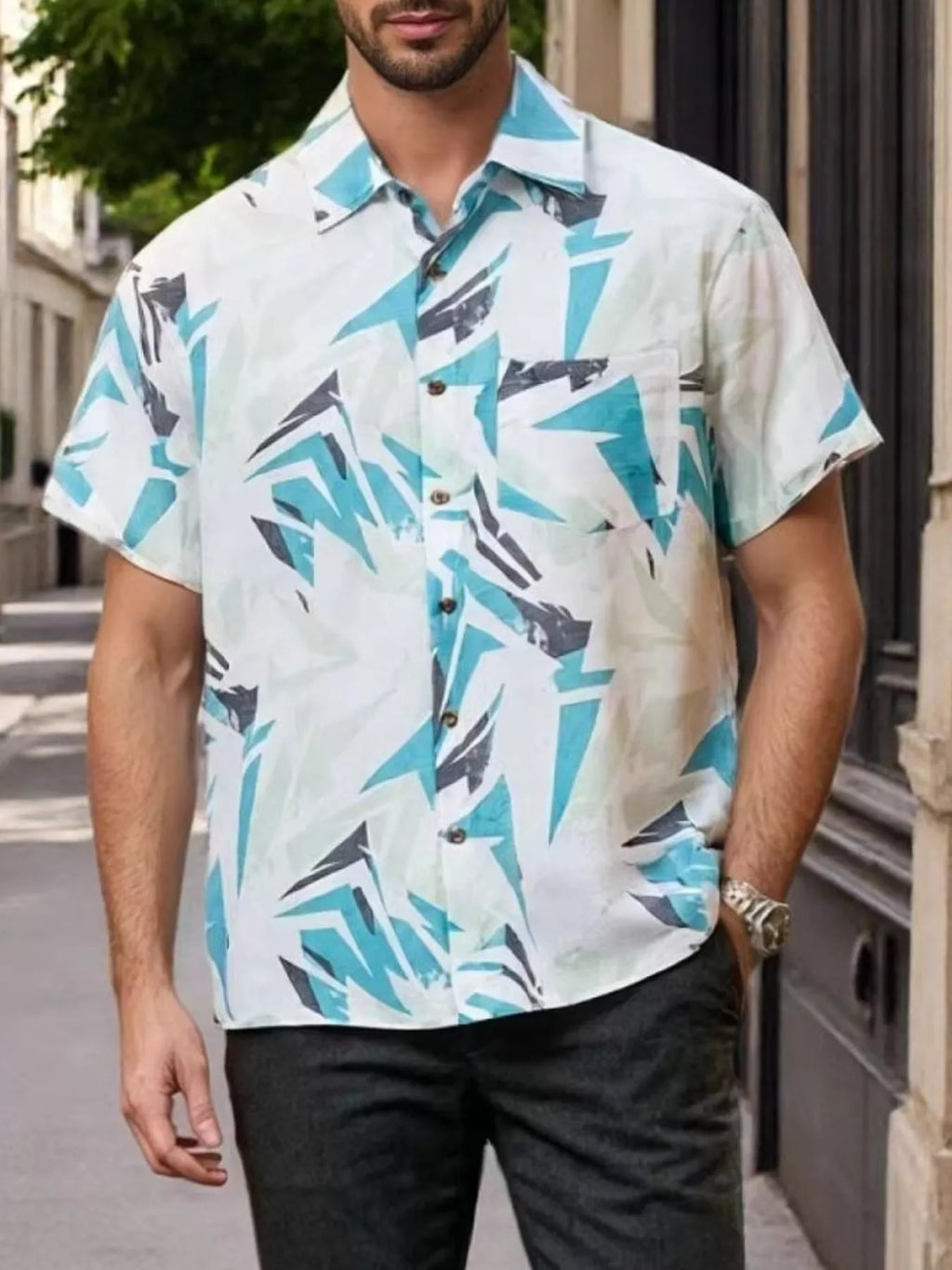 Men's Full Size Short Sleeve Geometric Print Casual Button-Down Shirt Plus Size - Lilixa.store