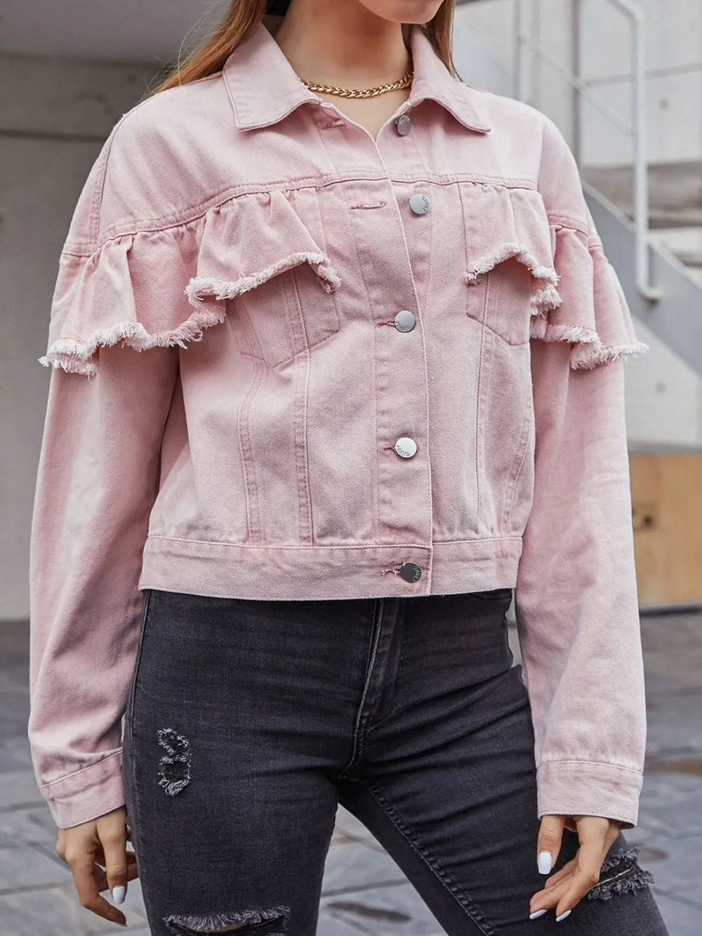 Ruffled Collared Neck Long Sleeve Denim Top - Lilixa.store