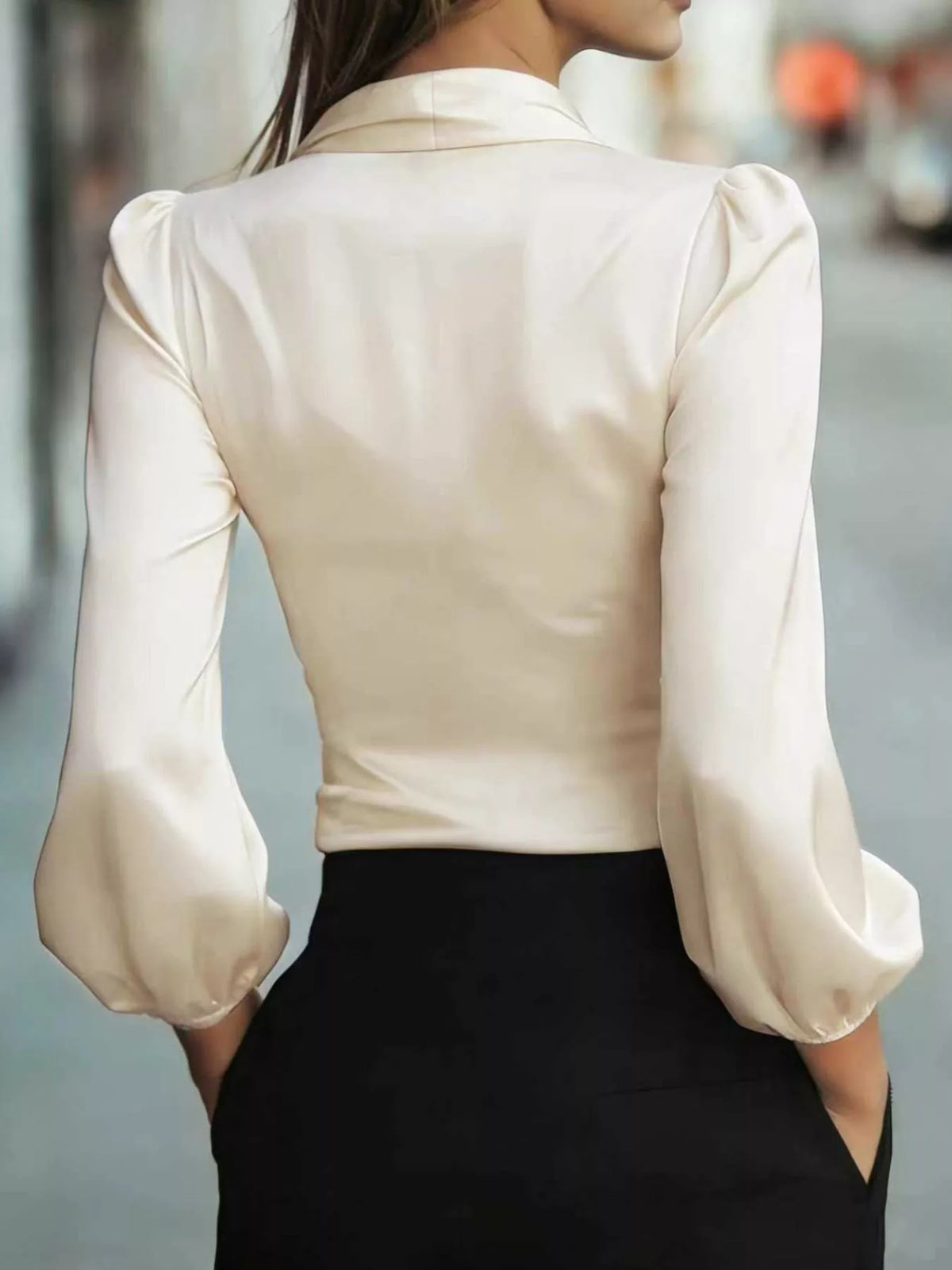 Elegant Satin Wrap Blouse with Bow Detail, view 2