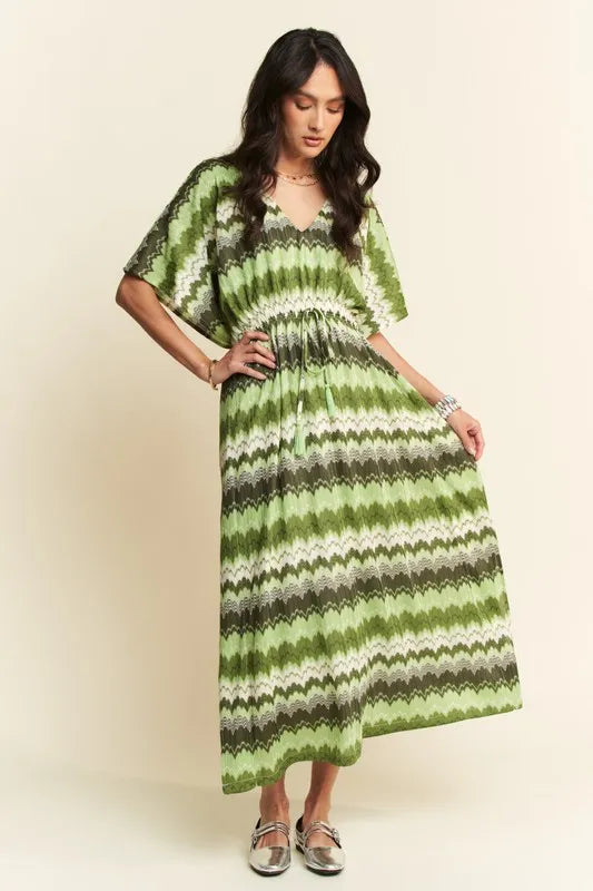 Davi & Dani Multi Color Wavy Tie Waist Flowy Sleeve Dress - Lilixa.store