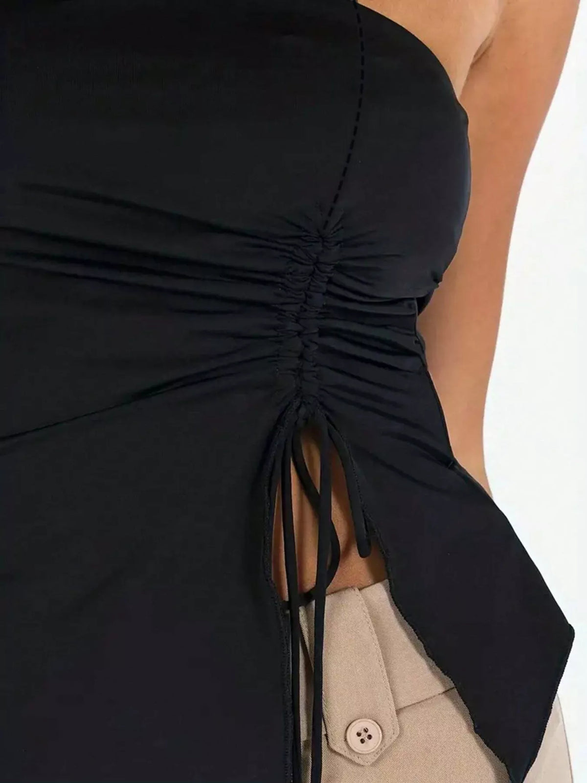 Strapless Ruched Drawstring Cami Top in Black, view 6