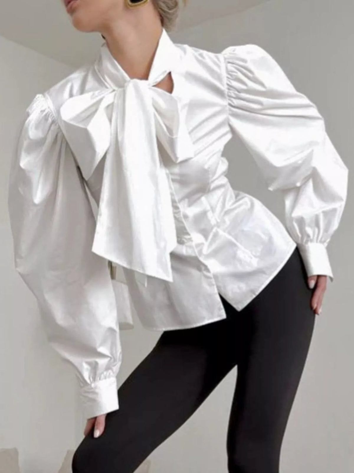 Bow Tie Puffed Sleeves Blouse in White, view 5