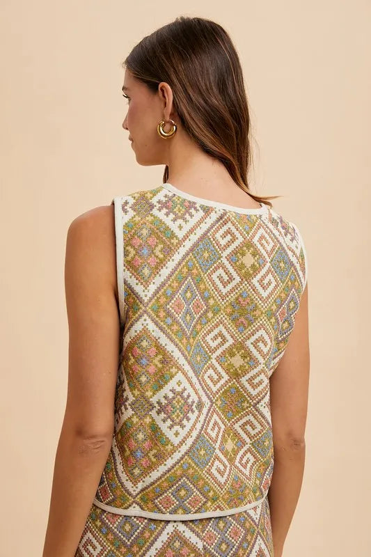 Annie Wear Ethnic Woven Jacquard Tie Front Vest - Lilixa.store