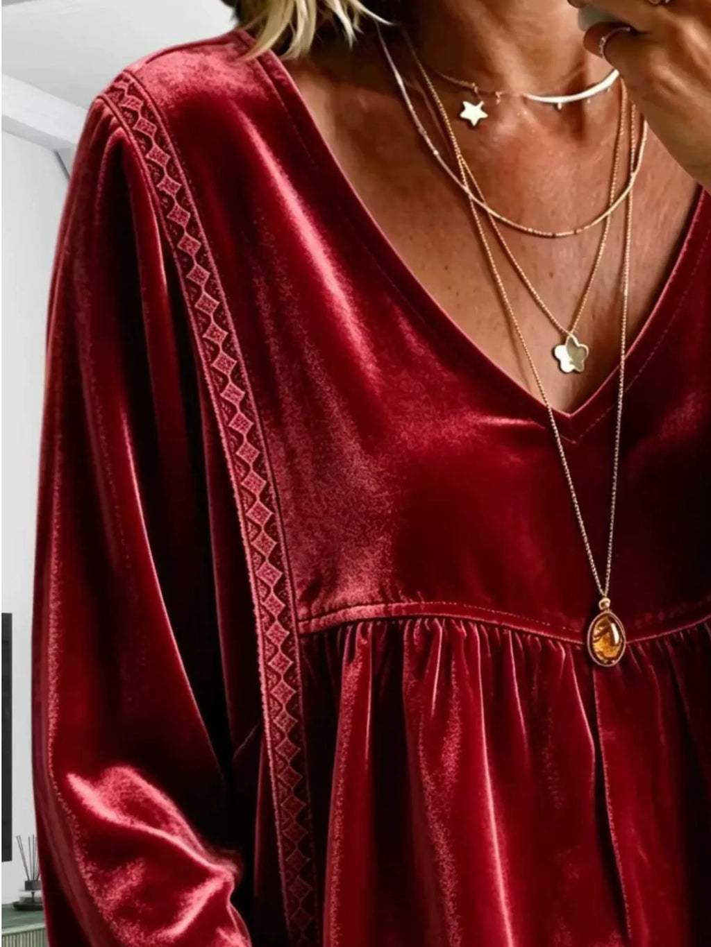 Full Size Velvet Lace Detail V-Neck Blouse Plus Size - Lilixa.store