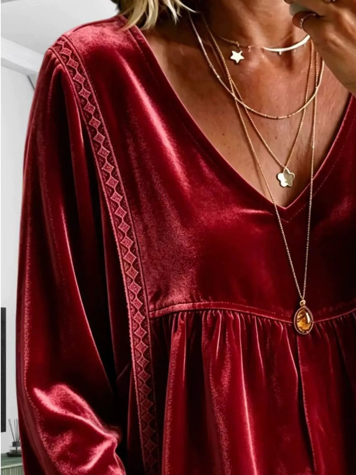 Full Size Velvet Lace Detail V-Neck Blouse Plus Size - Lilixa.store
