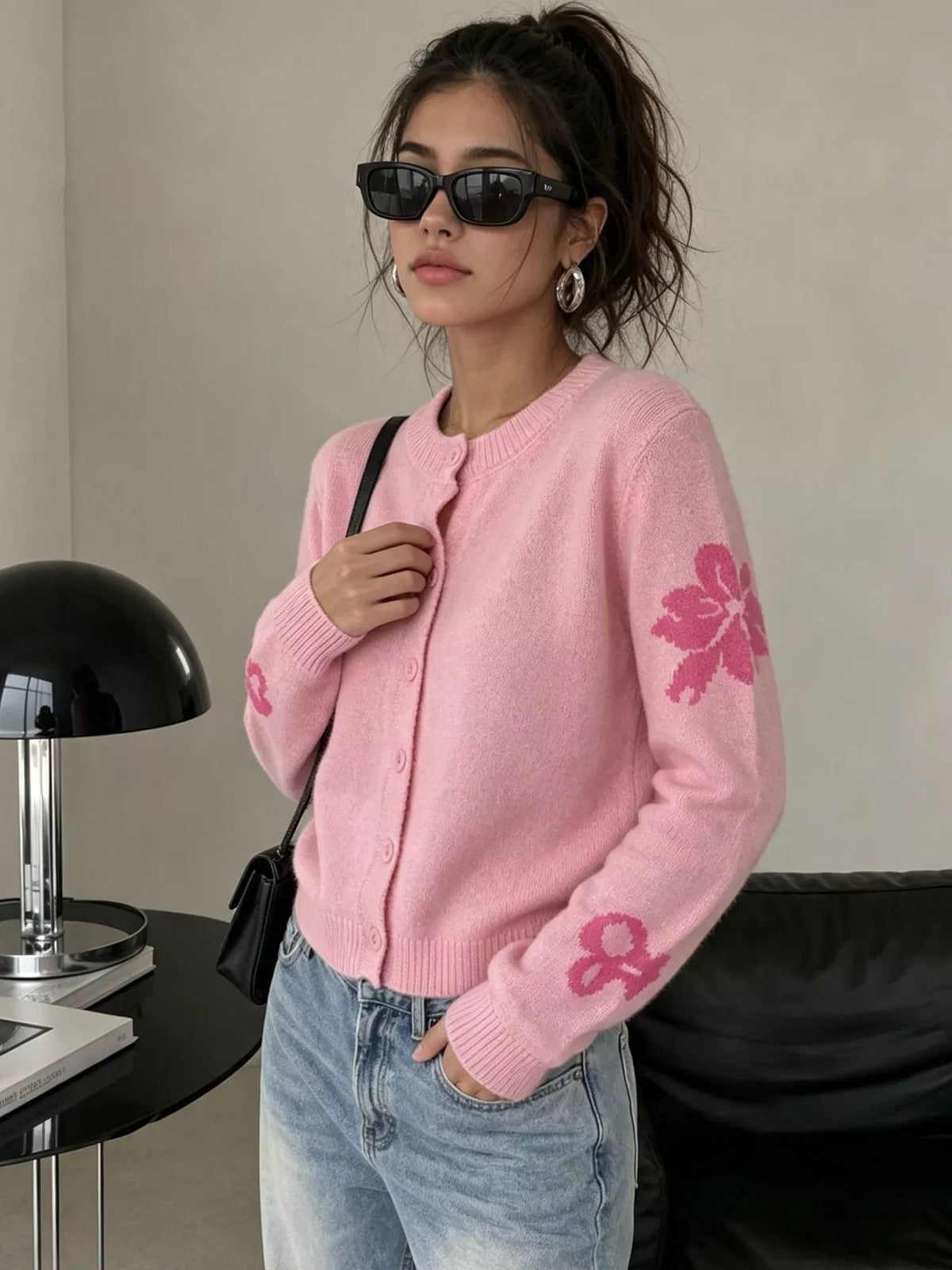 Floral Crew Neck Cropped Knit Cardigan, view 19